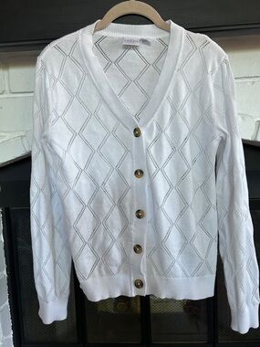 Serra White Diamond-Knit Button Cardigan